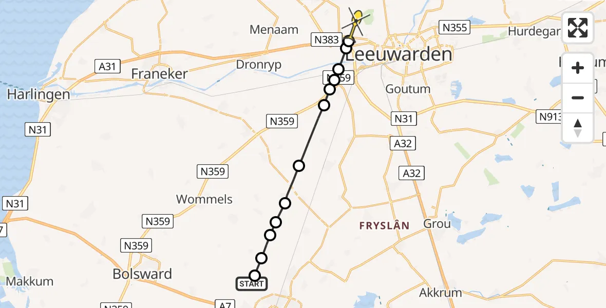 Routekaart van de vlucht: Ambulanceheli naar Vliegbasis Leeuwarden, Slyp