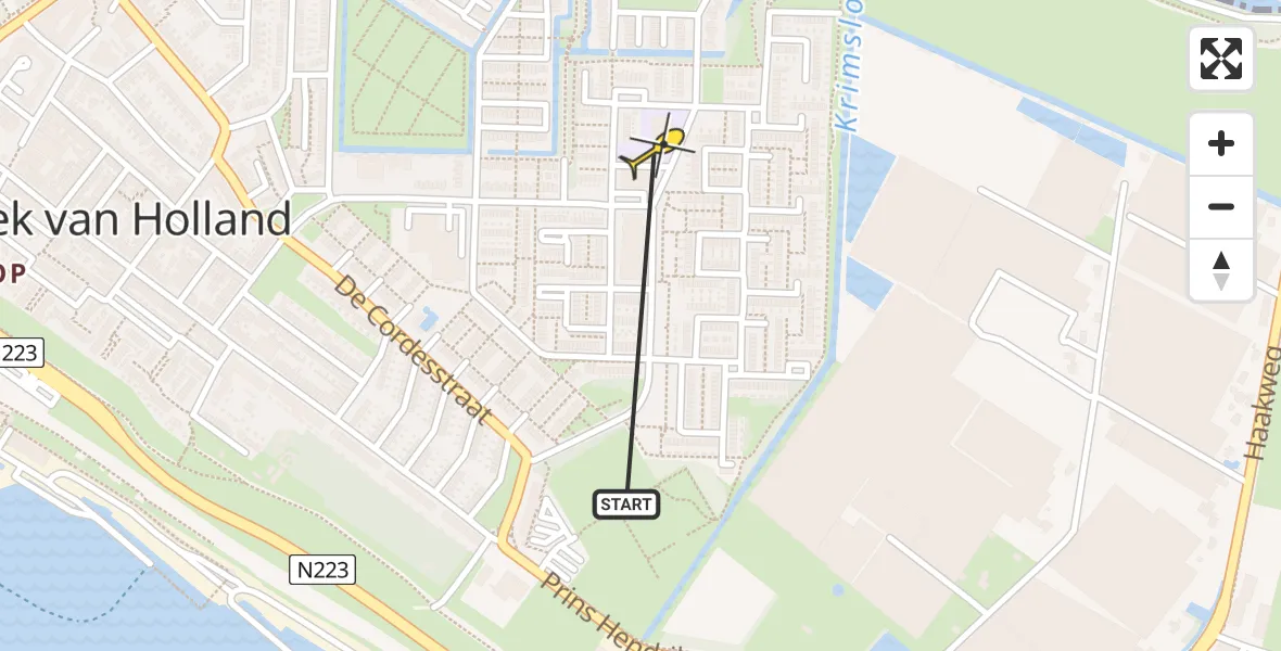 Routekaart van de vlucht: Traumahelikopter naar Hoek van Holland, Hoekse Hillweg