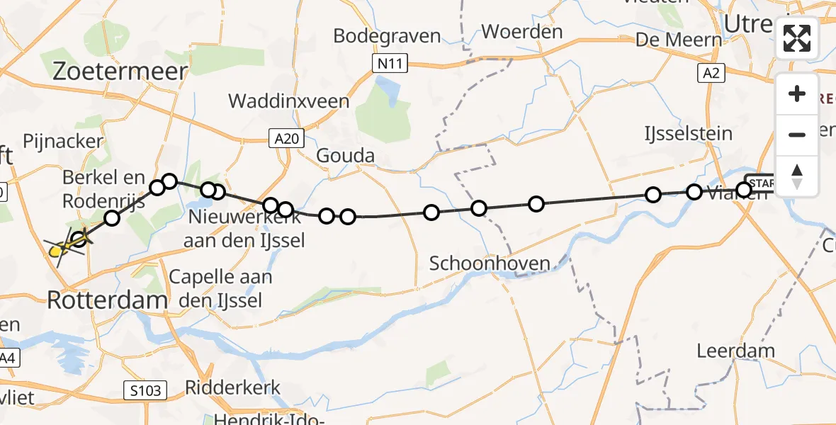Routekaart van de vlucht: Lifeliner 2 naar Rotterdam The Hague Airport, Volkstuinvereniging Vianen