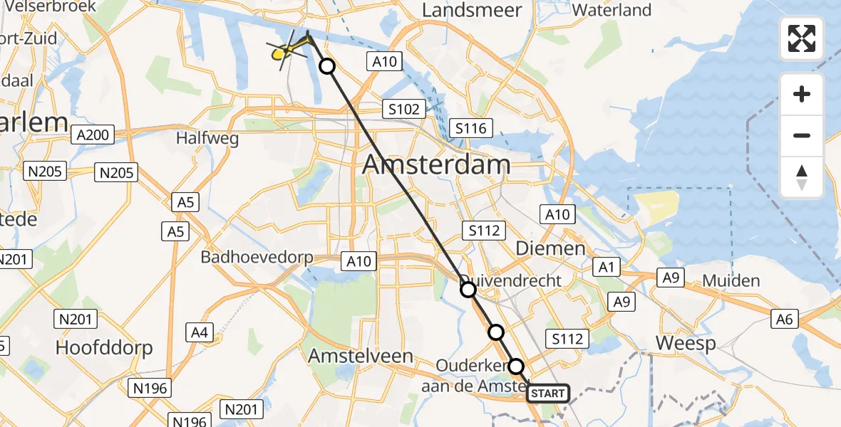 Routekaart van de vlucht: Lifeliner 1 naar Amsterdam Heliport, Capriweg