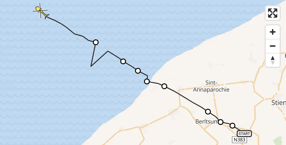 Routekaart van de vlucht: Ambulanceheli naar Oosterend, Alddyk