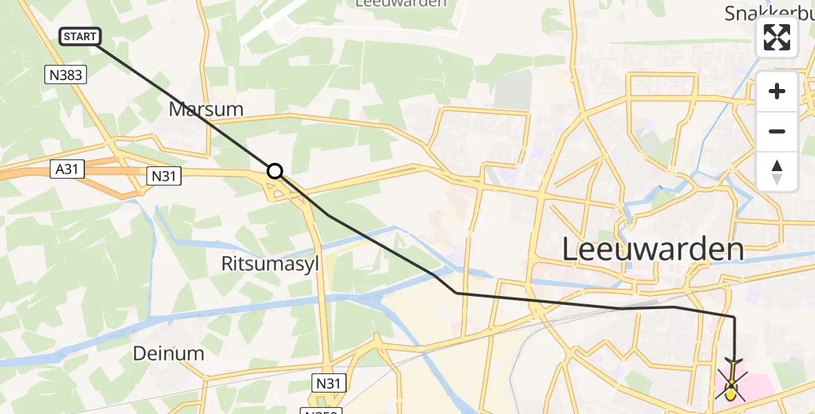 Vluchtroute Ambulancehelikopter van Marsum naar Leeuwarden