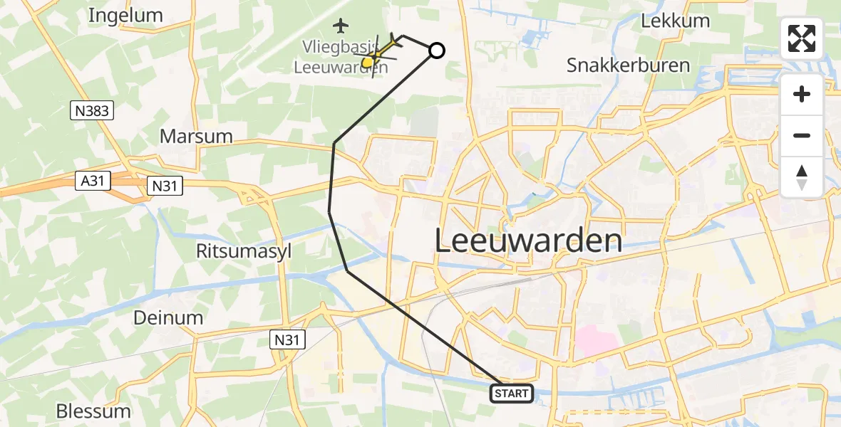 Routekaart van de vlucht: Ambulanceheli naar Vliegbasis Leeuwarden, Einsteinweg