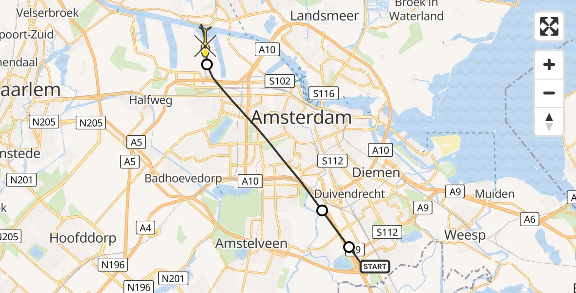 Routekaart van de vlucht: Lifeliner 1 naar Amsterdam Heliport, Schepenbergweg