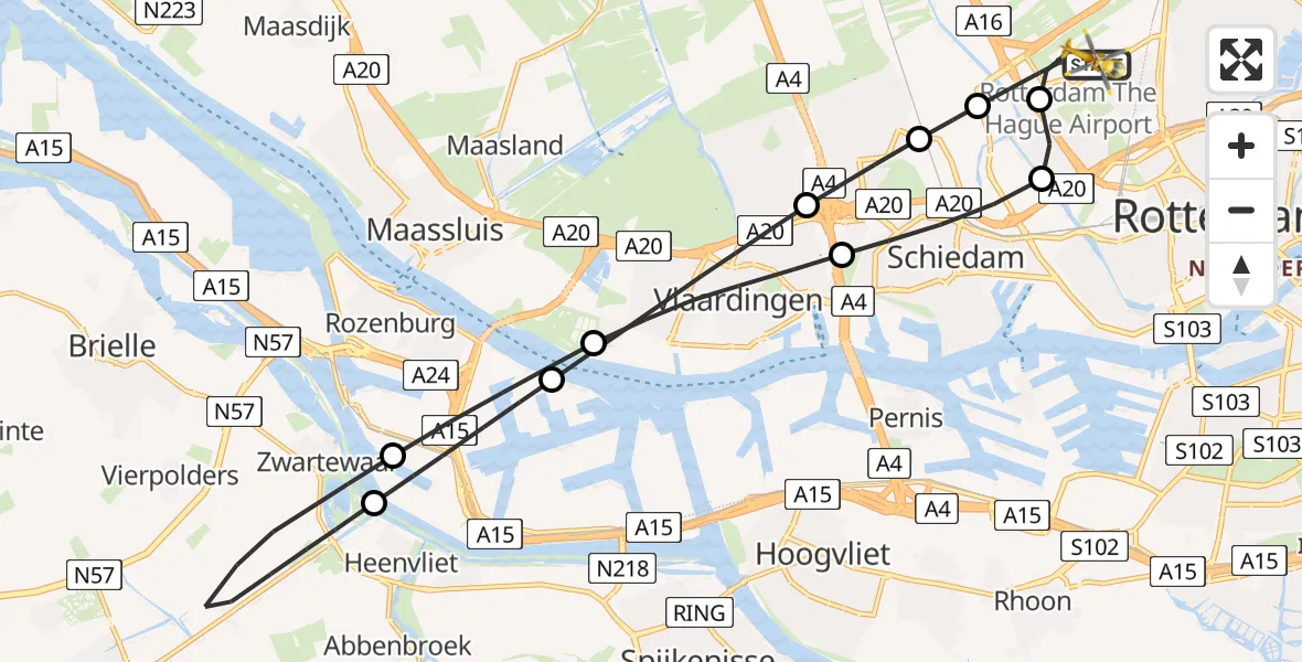 Vluchtroute Traumahelikopter Rotterdam The Hague Airport - Rotterdam The Hague Airport, 19 maart 2024, 08:56