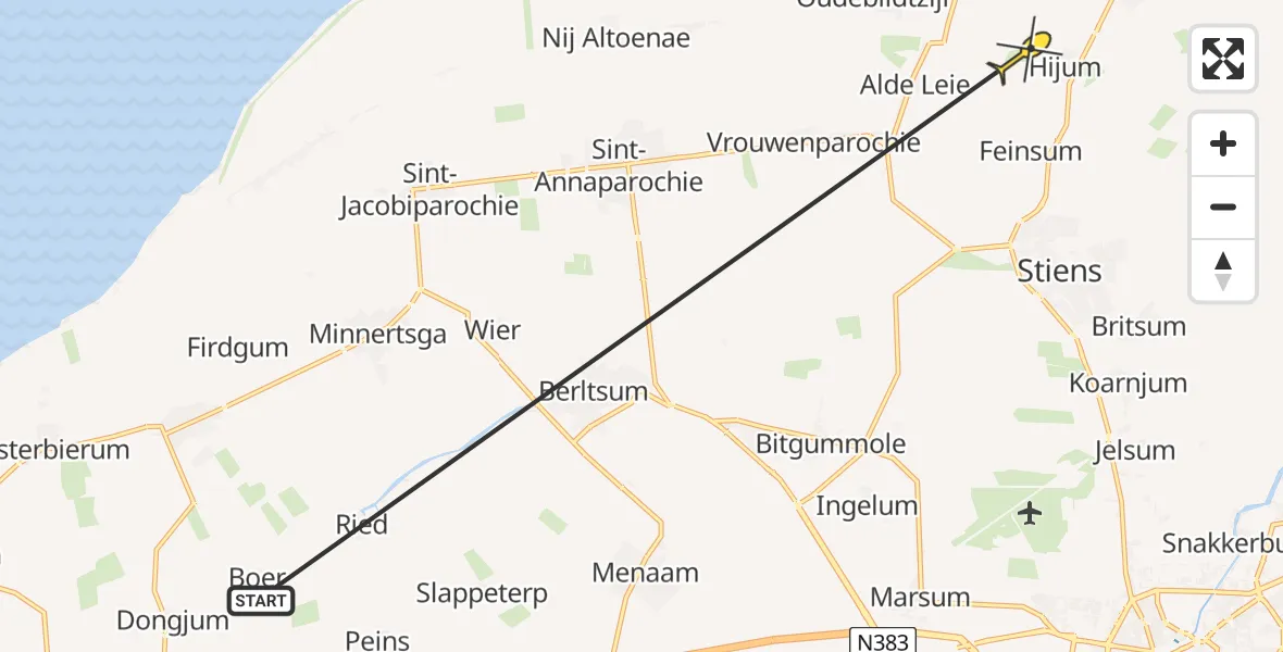 Routekaart van de vlucht: Ambulancehelikopter naar Hijum, De Loane