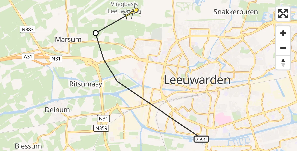 Vluchtroute Ambulancehelikopter van Leeuwarden naar Vliegbasis Leeuwarden