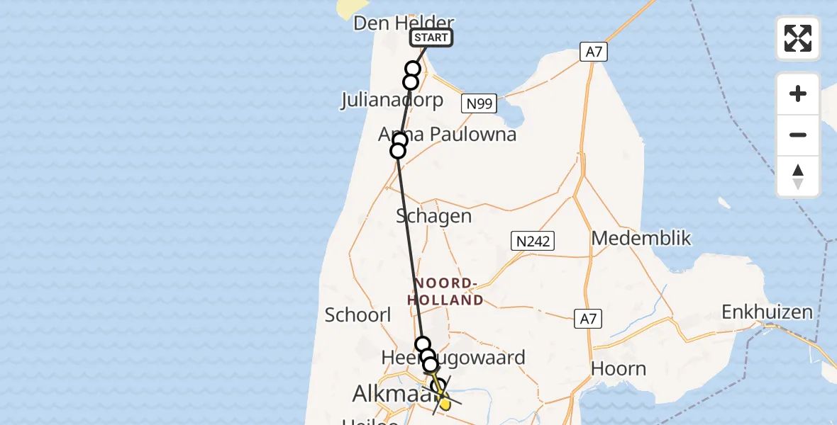 Routekaart van de vlucht: Politieheli naar Heerhugowaard, Rijksweg