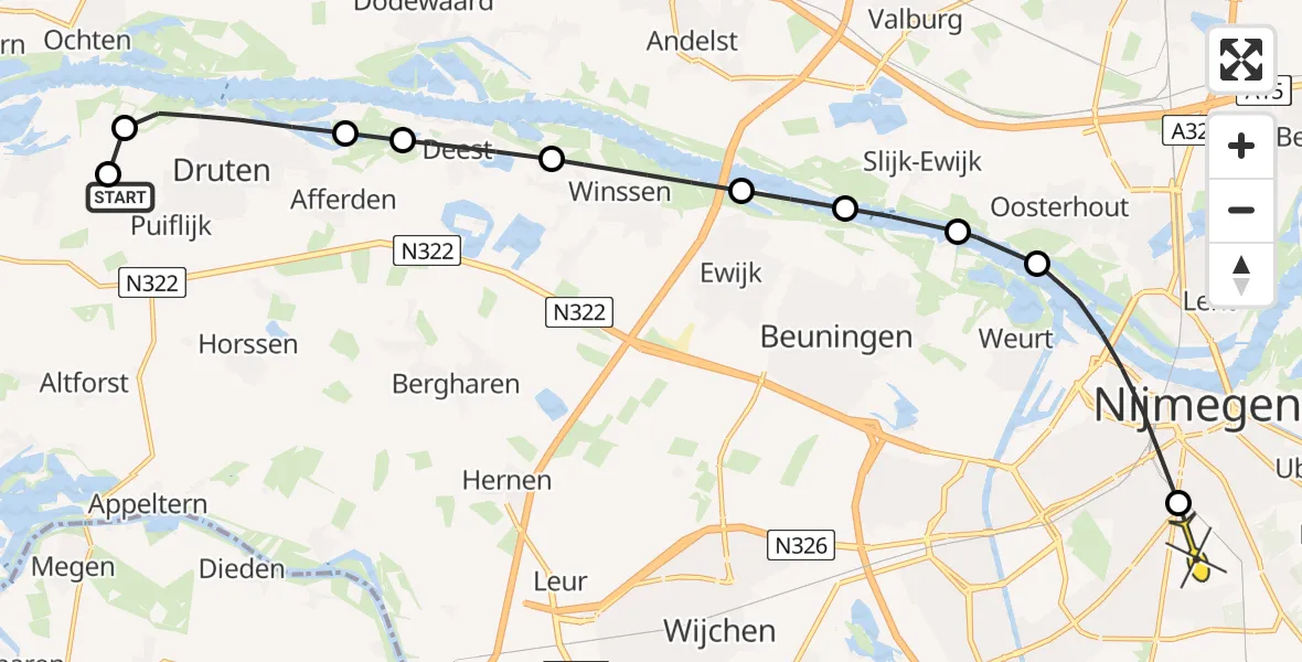 Routekaart van de vlucht: Lifeliner 3 naar Radboud Universitair Medisch Centrum, Waalbandijk