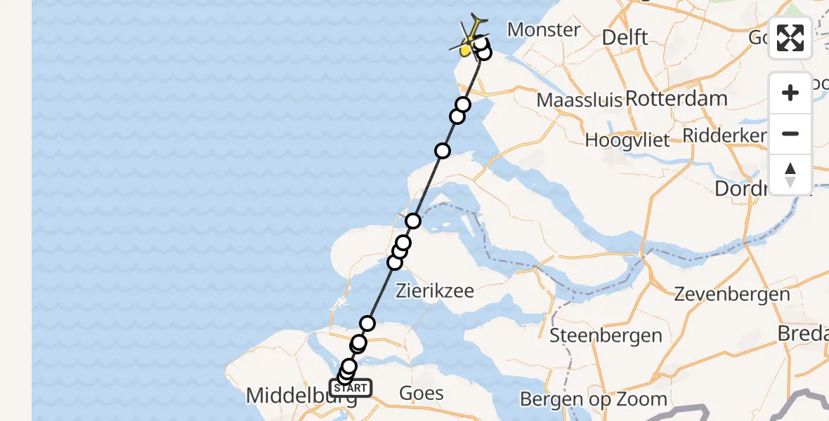 Routekaart van de vlucht: Kustwachthelikopter naar Oranjeplaatweg