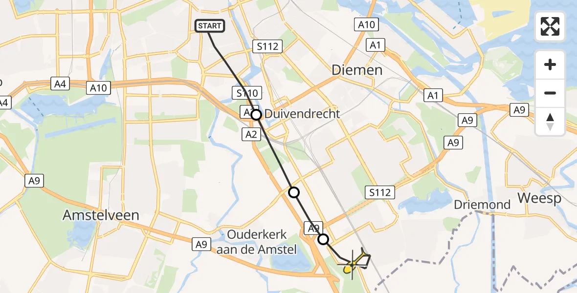 Routekaart van de vlucht: Lifeliner 1 naar Academisch Medisch Centrum (AMC), Rooseveltlaan