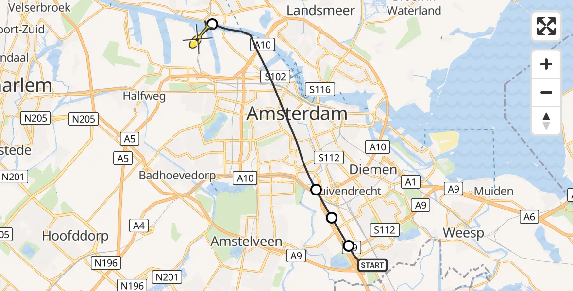 Routekaart van de vlucht: Lifeliner 1 naar Amsterdam Heliport, Sijsjesbergweg