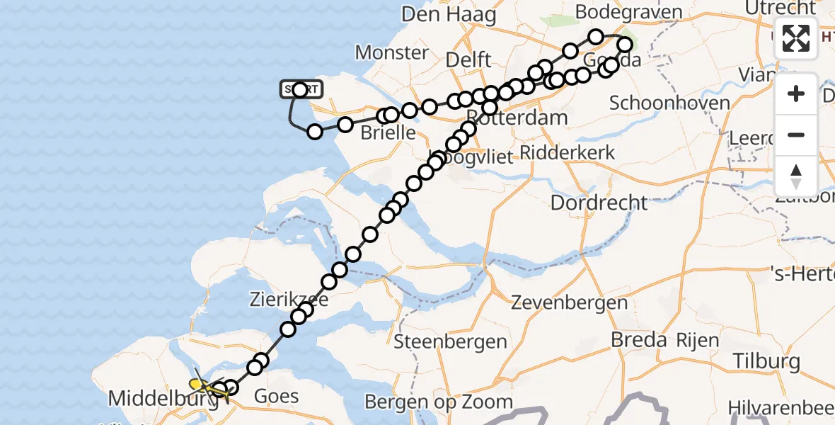 Routekaart van de vlucht: Kustwachthelikopter naar Vliegveld Midden-Zeeland, Keeten