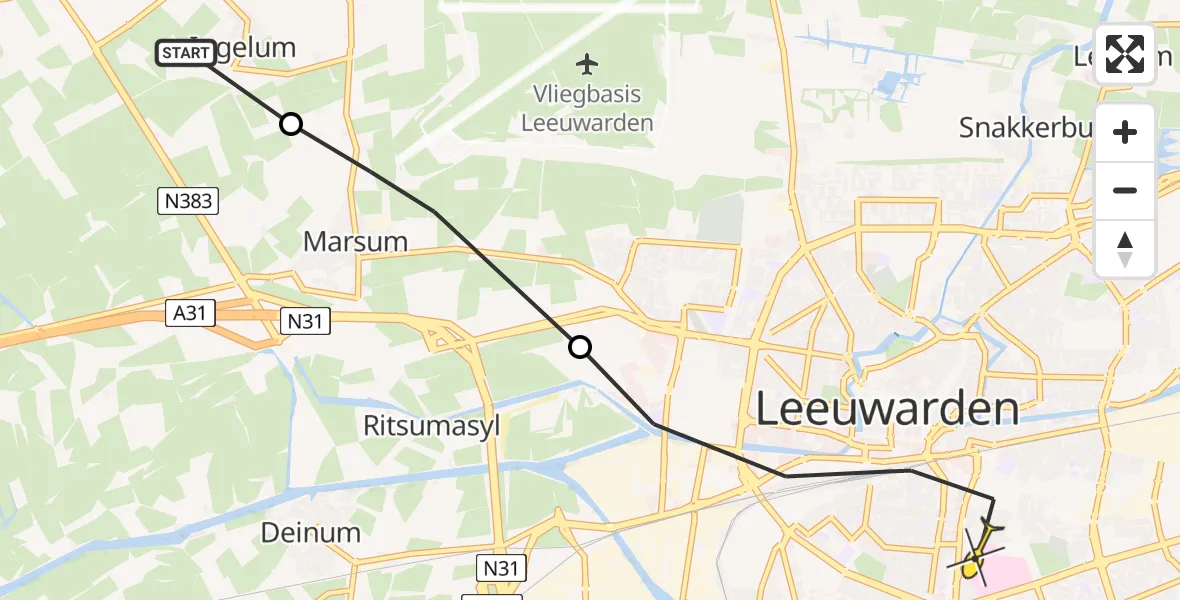 Routekaart van de vlucht: Ambulanceheli naar Leeuwarden, Bitgumerdyk