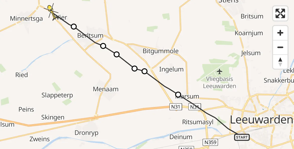 Routekaart van de vlucht: Ambulancehelikopter naar Minnertsga, Sylster Rak