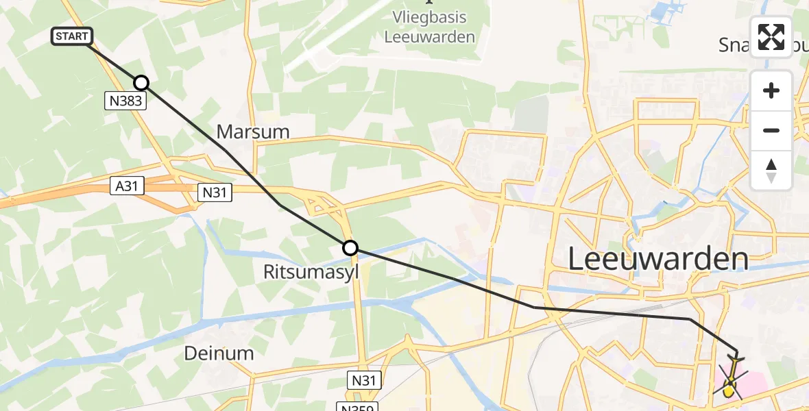 Routekaart van de vlucht: Ambulancehelikopter naar Leeuwarden, Rypsterdyk