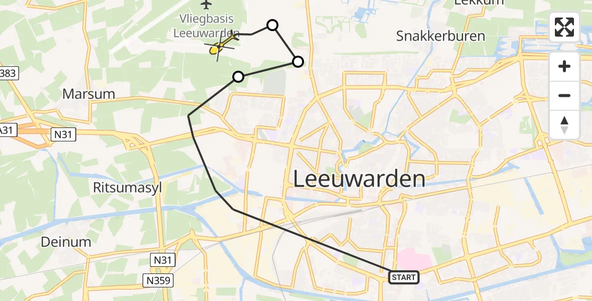 Vluchtroute Ambulancehelikopter van Leeuwarden naar Vliegbasis Leeuwarden