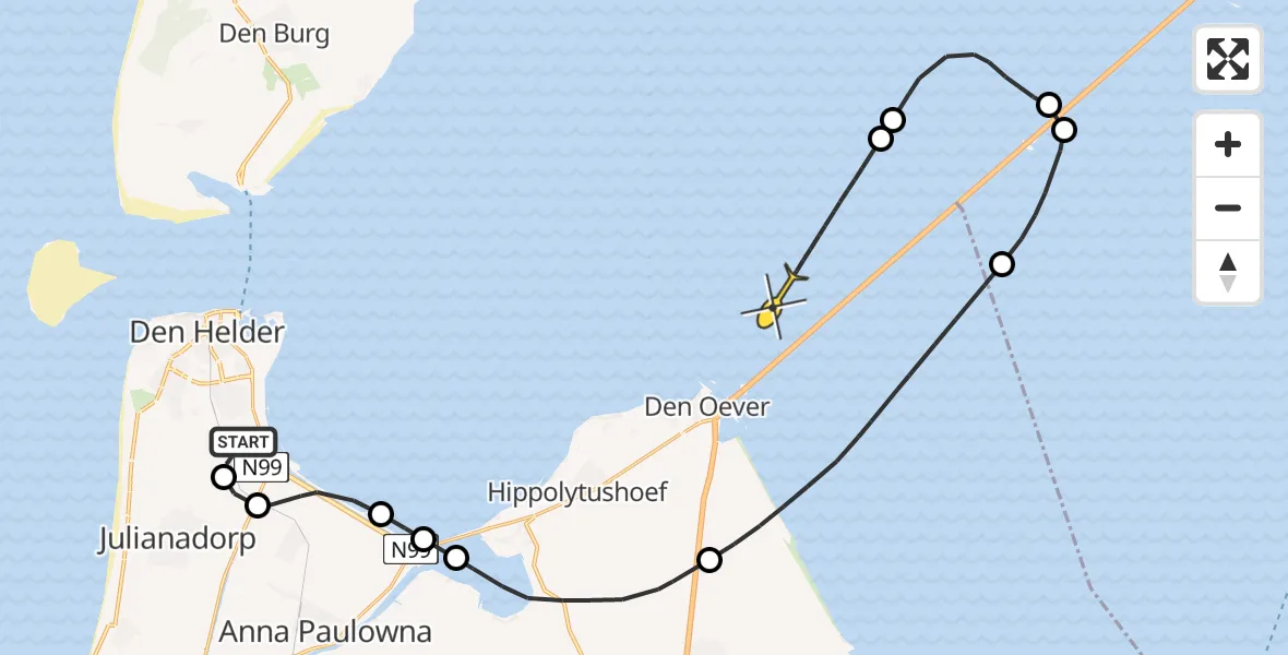 Routekaart van de vlucht: Kustwachthelikopter naar Den Oever, Kortevliet