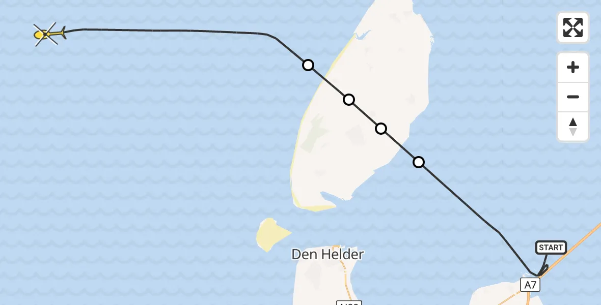 Routekaart van de vlucht: Kustwachthelikopter naar Vaarwater naar Den Oever