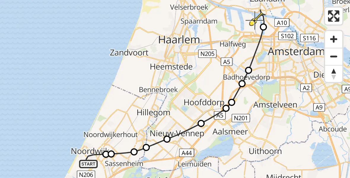 Routekaart van de vlucht: Lifeliner 1 naar Amsterdam Heliport, Pickéstraat