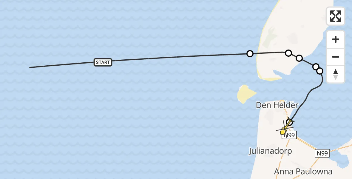 Routekaart van de vlucht: Kustwachthelikopter naar Vliegveld De Kooy, Doggersvaart