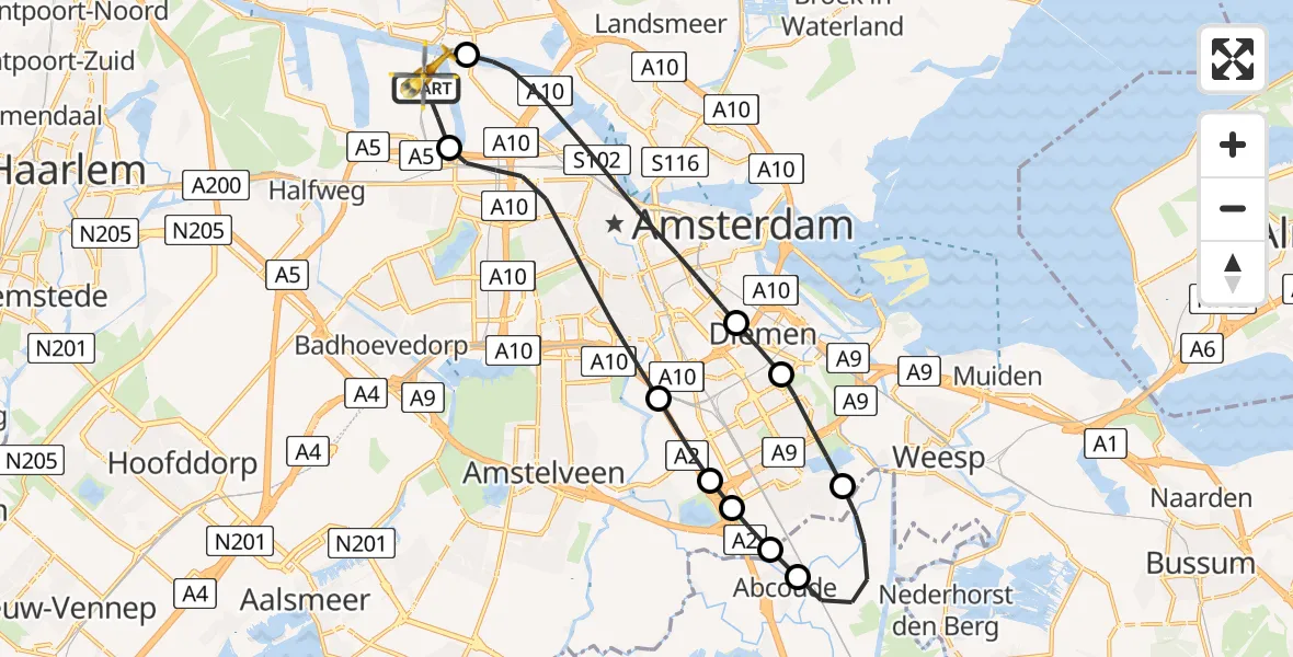 Vluchtroute Traumahelikopter van Amsterdam Heliport naar Amsterdam Heliport