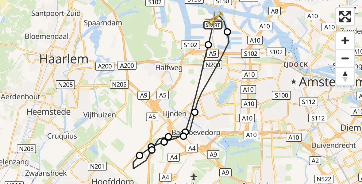 Vluchtroute Traumahelikopter van Amsterdam Heliport naar Amsterdam Heliport