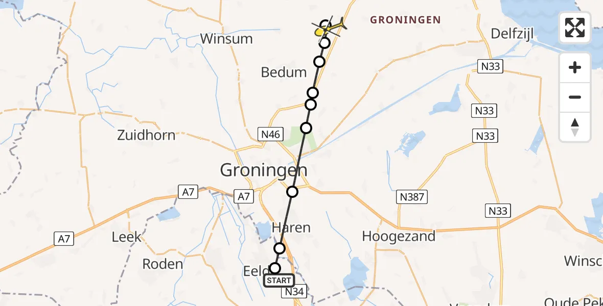 Routekaart van de vlucht: Lifeliner 4 naar Westerwijtwerd, Vosbergerlaan