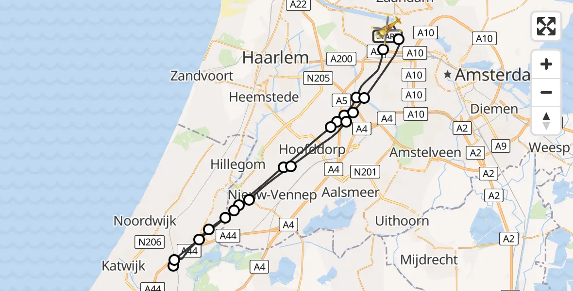 Vluchtroute Traumahelikopter van Amsterdam Heliport naar Amsterdam Heliport