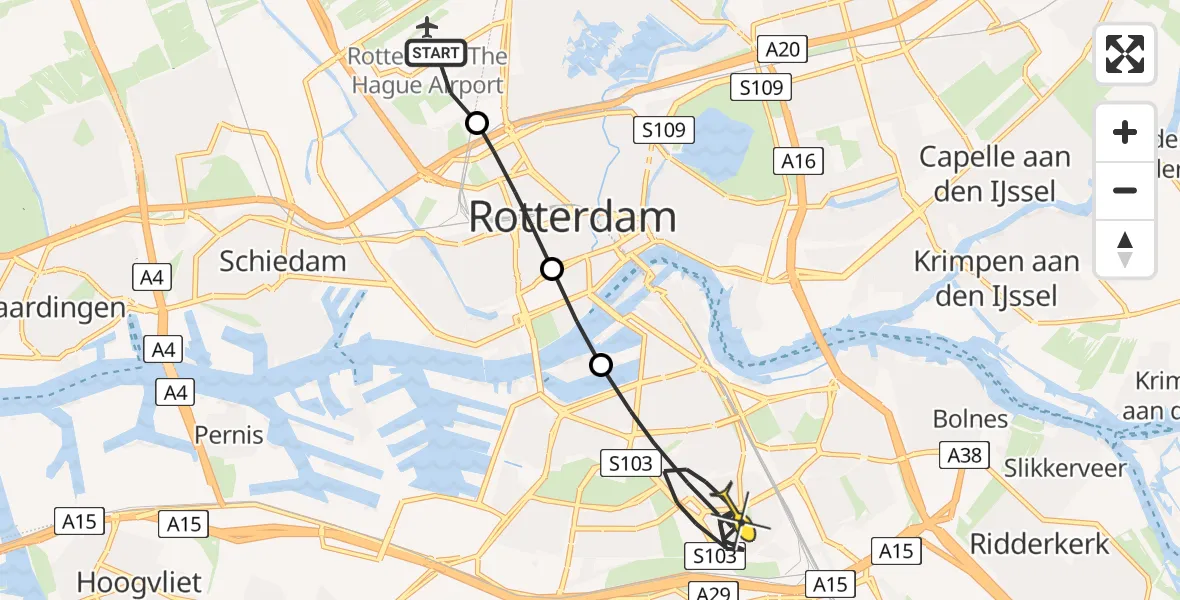 Routekaart van de vlucht: Lifeliner 2 naar Rotterdam, Overschiese Kleiweg