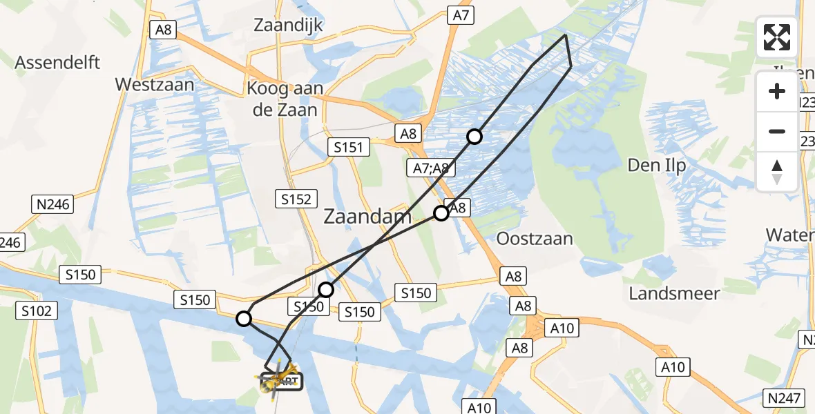 Vluchtroute Traumahelikopter van Amsterdam Heliport naar Amsterdam Heliport