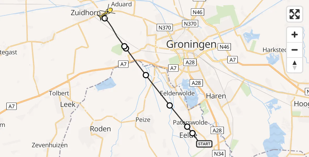 Routekaart van de vlucht: Lifeliner 4 naar Aduard, Molkampen