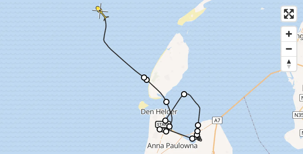 Routekaart van de vlucht: Kustwachthelikopter naar Middenvliet