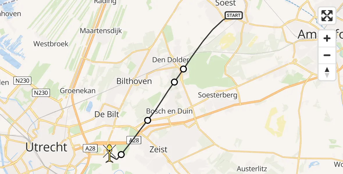 Routekaart van de vlucht: Lifeliner 1 naar Universitair Medisch Centrum Utrecht, Wieksloterweg Oostzijde