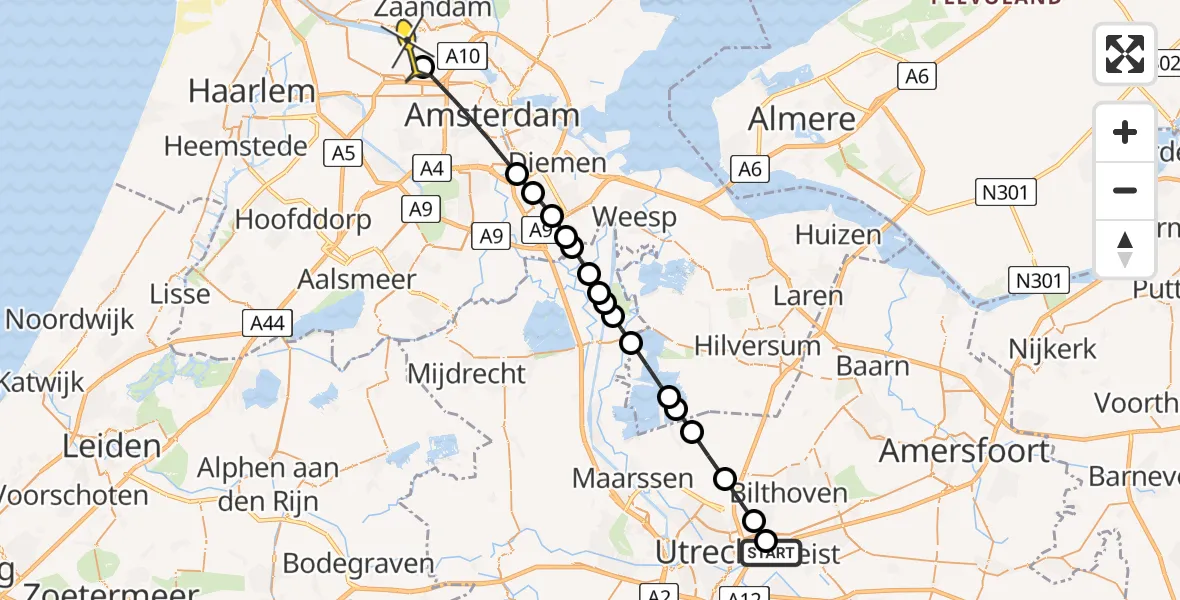 Routekaart van de vlucht: Lifeliner 1 naar Amsterdam Heliport, Utrechtseweg