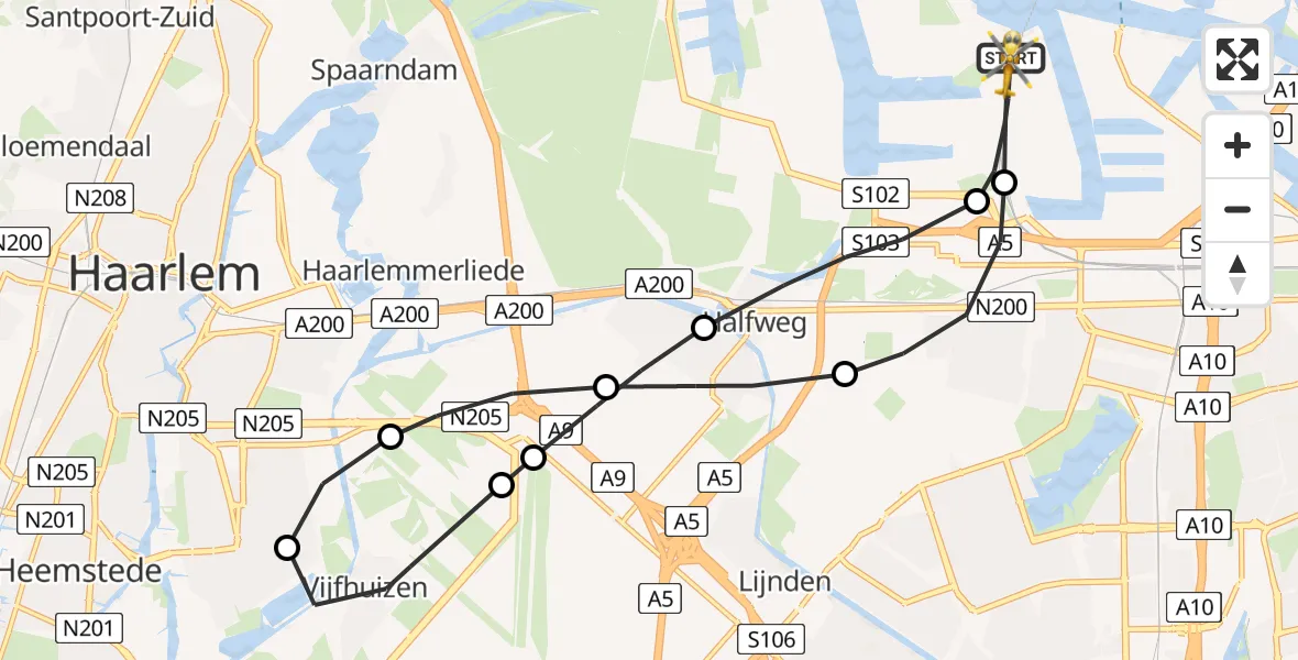 Vluchtroute Traumahelikopter van Amsterdam Heliport naar Amsterdam Heliport
