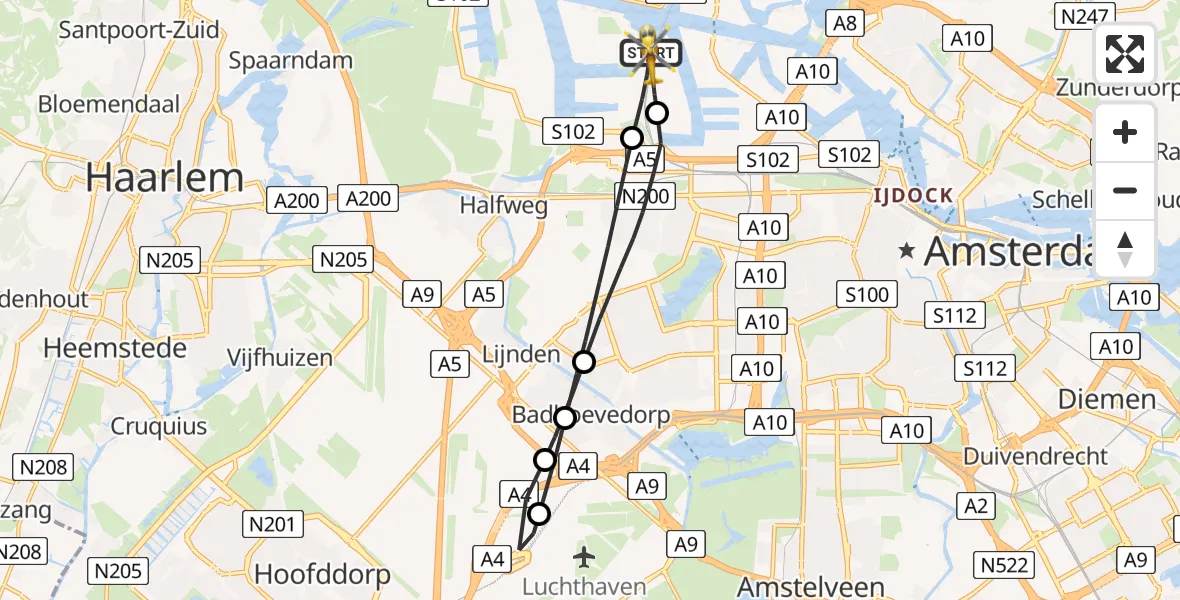 Vluchtroute Traumahelikopter van Amsterdam Heliport naar Amsterdam Heliport