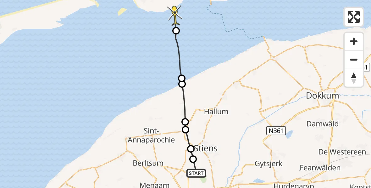Routekaart van de vlucht: Ambulancehelikopter naar Ballum, Skrédyk