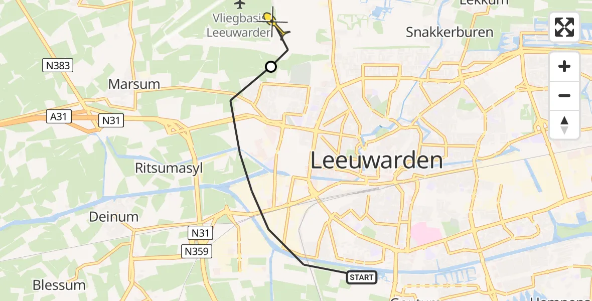 Routekaart van de vlucht: Ambulanceheli naar Vliegbasis Leeuwarden, Boksumerdyk