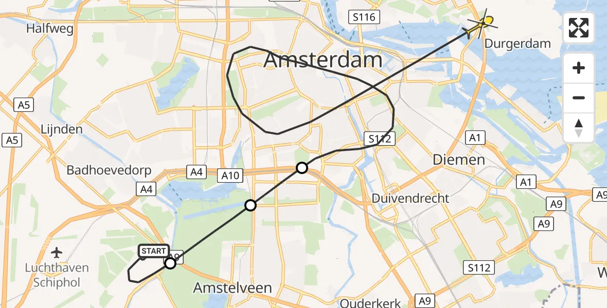 Routekaart van de vlucht: Politieheli naar Amsterdam, Westerkimweg