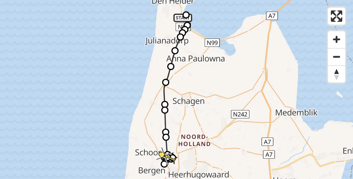 Routekaart van de vlucht: Kustwachthelikopter naar Oudkarspel, Balgzandkanaal