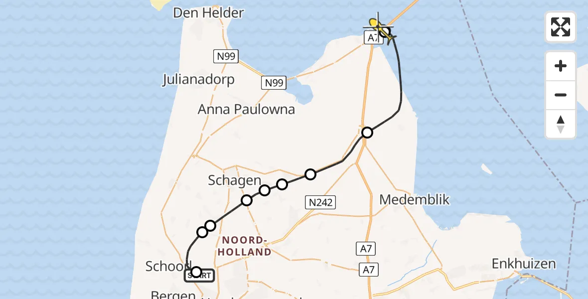 Routekaart van de vlucht: Kustwachthelikopter naar Den Oever, Wagenweg