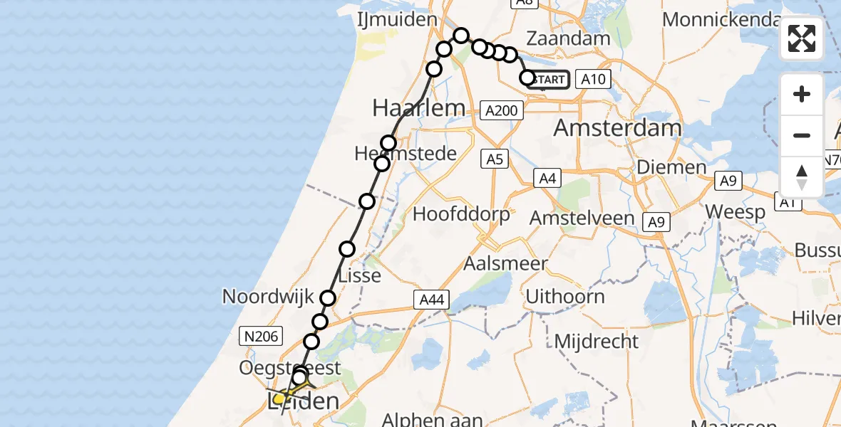 Routekaart van de vlucht: Lifeliner 1 naar Leiden, Nieuw-Zeelandweg