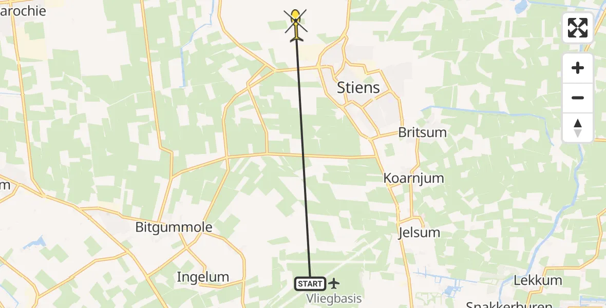 Routekaart van de vlucht: Ambulancehelikopter naar Stiens, Witewei