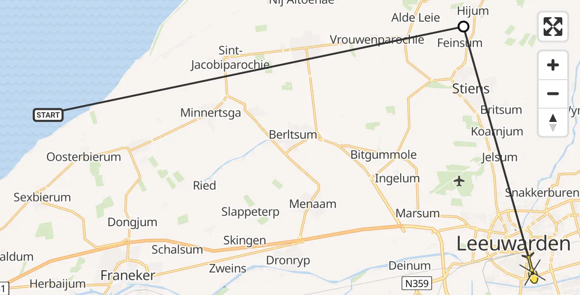 Routekaart van de vlucht: Ambulancehelikopter naar Leeuwarden, Iestdyk