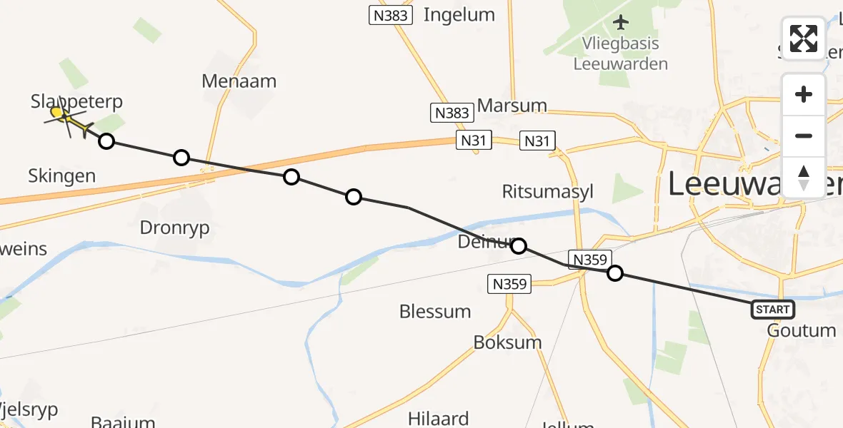 Routekaart van de vlucht: Ambulancehelikopter naar Slappeterp, Morseweg