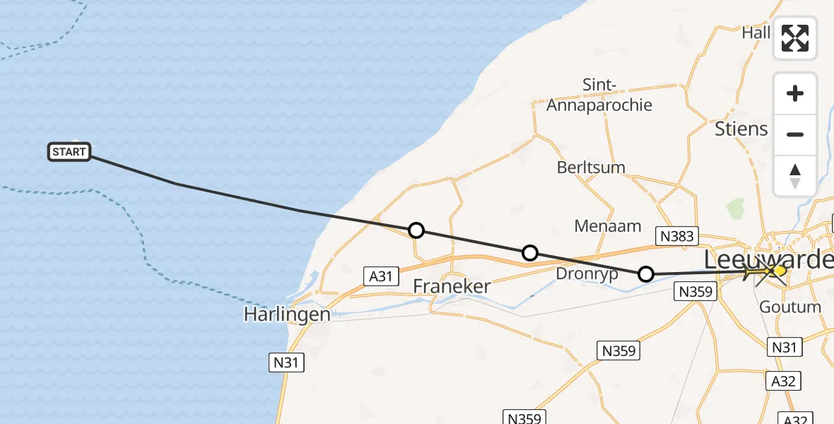 Routekaart van de vlucht: Ambulanceheli naar Leeuwarden, Van Loonstraat