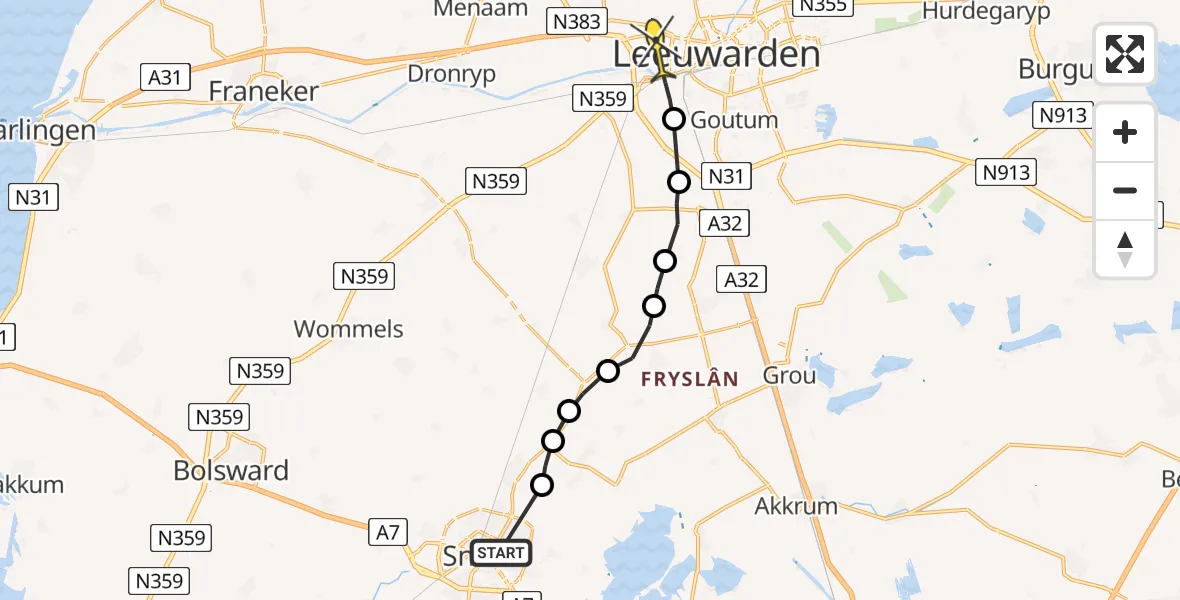 Routekaart van de vlucht: Ambulancehelikopter naar Leeuwarden, Aldfeartsdyk