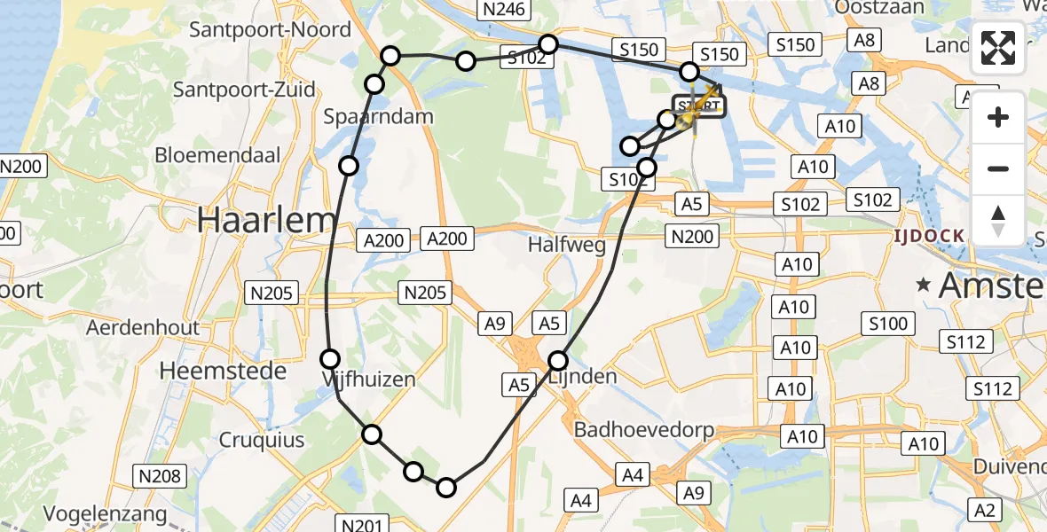 Vluchtroute Traumahelikopter van Amsterdam Heliport naar Amsterdam Heliport