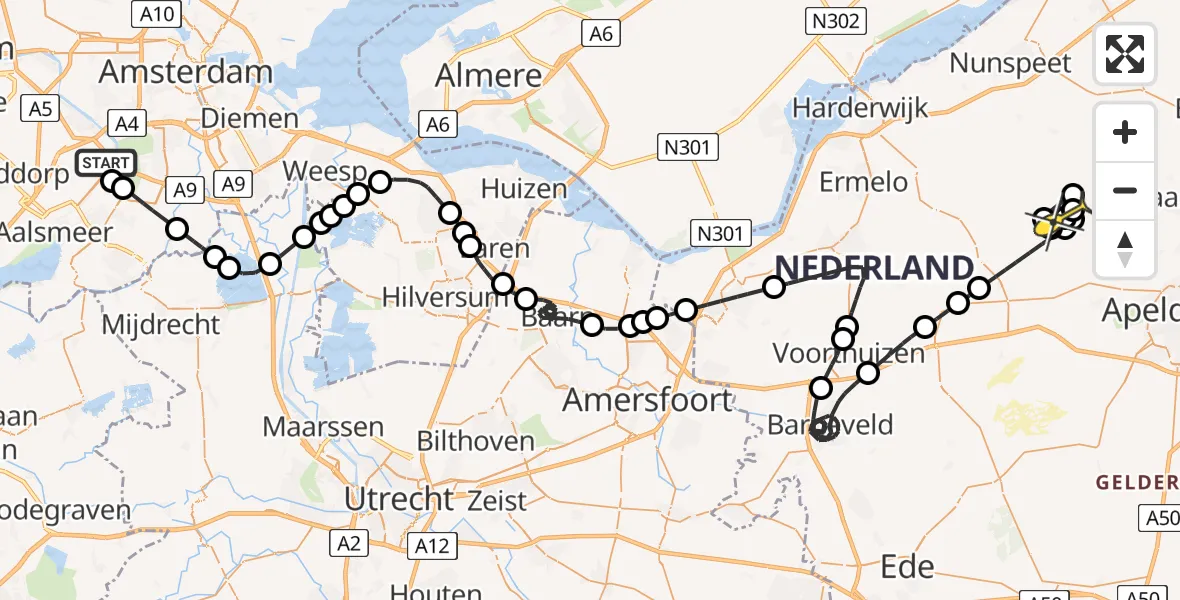 Routekaart van de vlucht: Politieheli naar Elspeet, Amsterdam-Bataviaweg